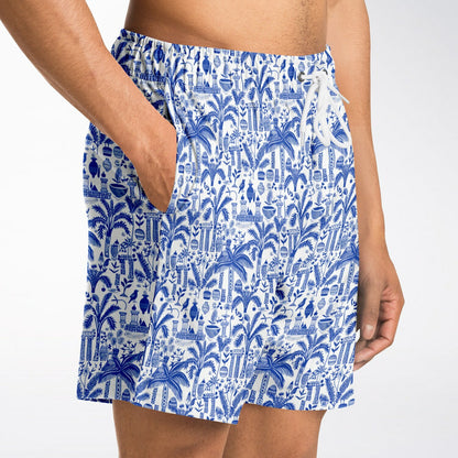 Men's Fashion Shorts | Ancient Art Blue & White Pattern Shorts | Birds & Palm Trees Fashion Shorts | Beach Shorts