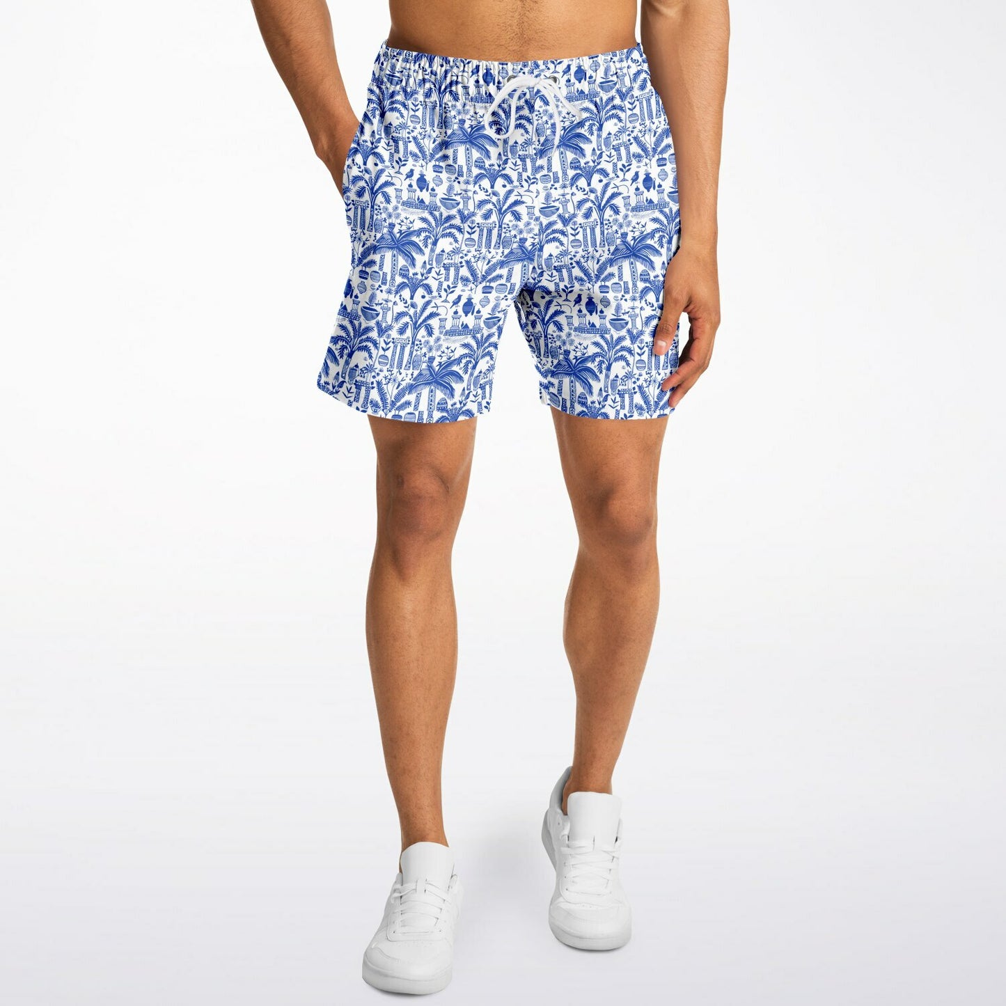 Men's Fashion Shorts | Ancient Art Blue & White Pattern Shorts | Birds & Palm Trees Fashion Shorts | Beach Shorts