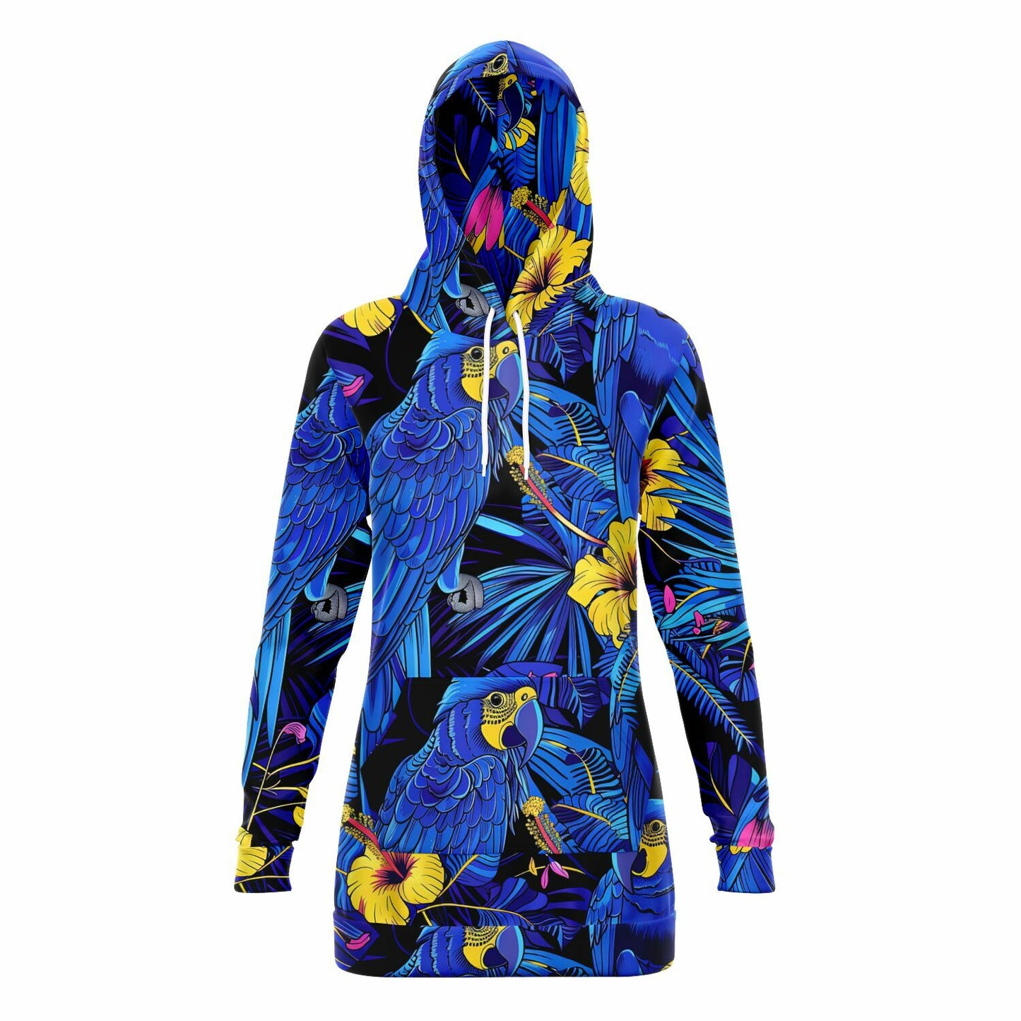 Fashion Longline Hoodie #colorful #vibrant #nature #macaws #foliage #exotic #floral #tropical #parrots #palm-leaves #wildlife #jungle #fashion #illustration #flowers #hibiscus