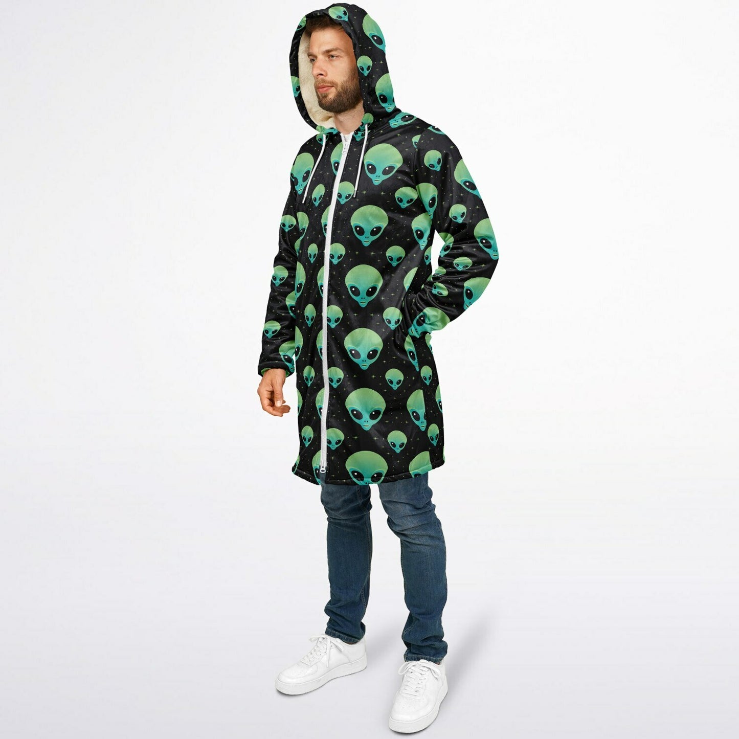 Black & Green Alien Terrestrial Zipper Cloak – One-of-a-Kind Hooded Cape for Festivals, Travel & Statement Style | Holloween Coat
