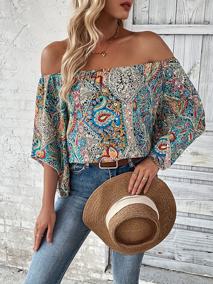 Bohemian Paisley Off-Shoulder Blouse - Lightweight with Statement Flare Sleeves - Perfect for Spring & Summer Outings