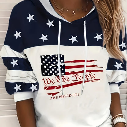 USA Flag Print Drawstring Hoodie, Casual Long Sleeve Drop Shoulder Hoodie, Women's Clothing