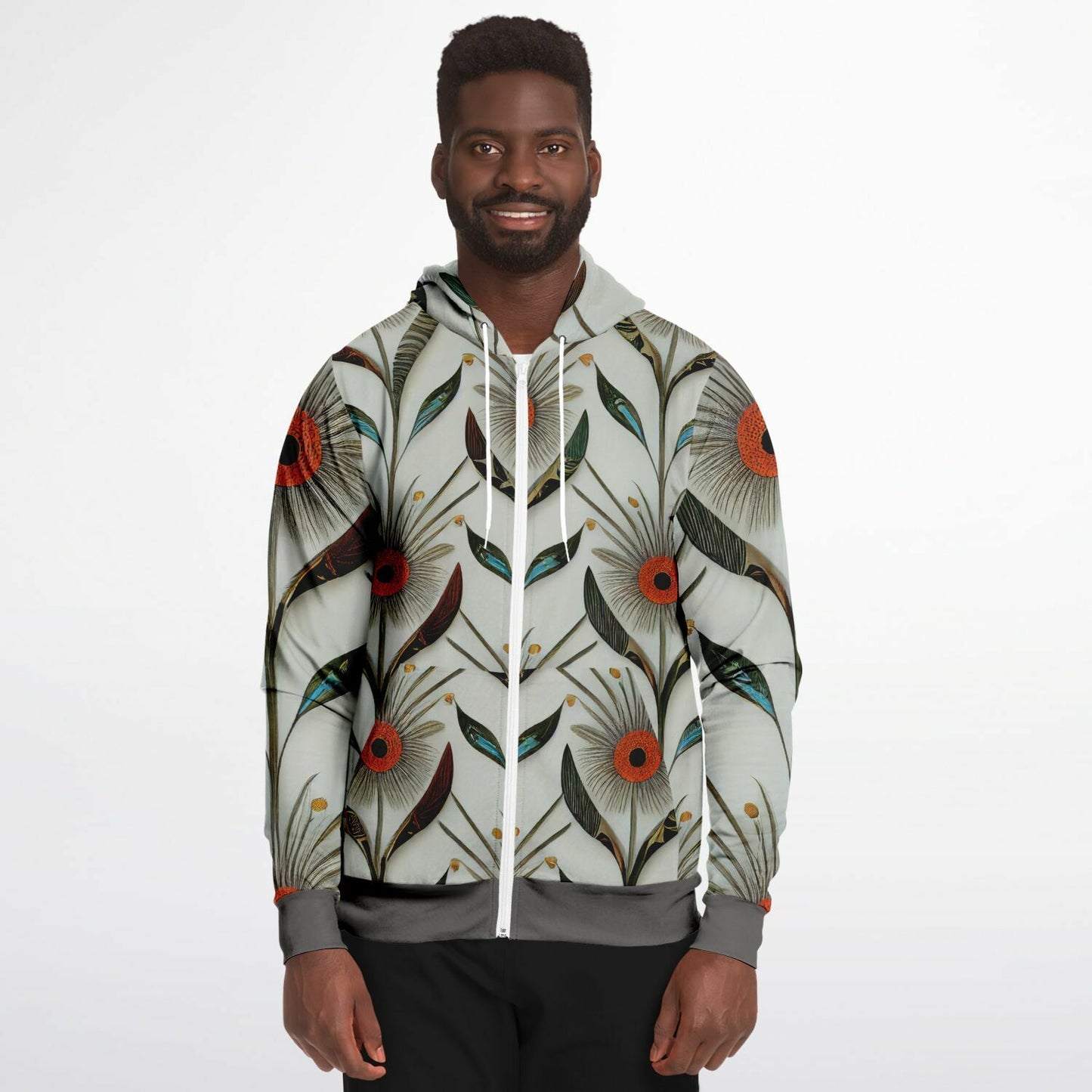 Gray Floral Athletic Zip-Up Hoodie – Unique One-of-a-Kind Women’s & Men’s Activewear Jacket