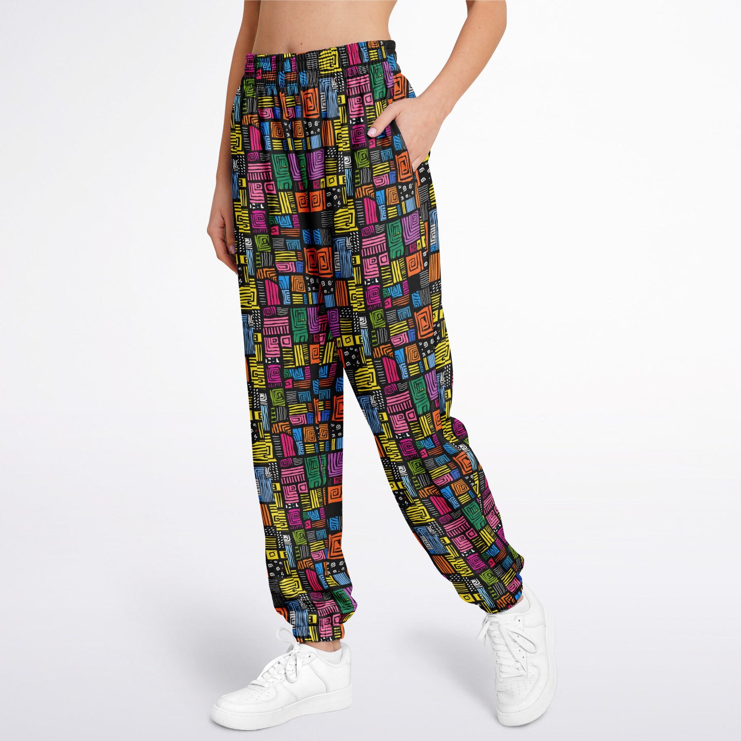 Athletic Sweatpants, Colorful Geometric Joggers, Abstract Pattern Activewear, Vibrant Grid Print Pants