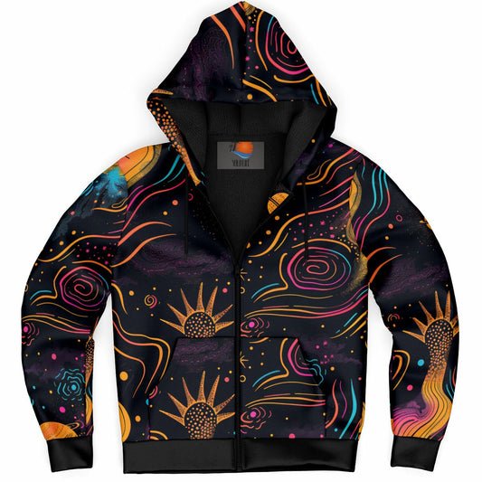 Custom Design Zip Hoodie, Cosmic Psychedelic Sweatshirt, Vibrant Celestial Planets & Stars Zip Up