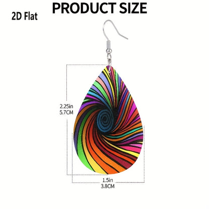 Bohemian Style Colorful Vortex Women'S Earrings with Dizzying Design and Faux Leather Pendant, 2D Flat