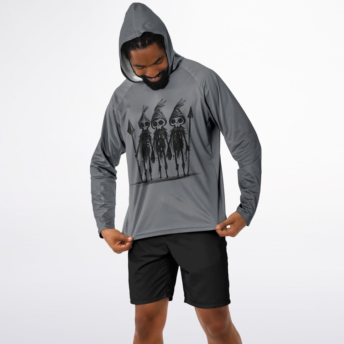 Men’s Hooded Performance Shirt – Tribal Warrior Skull Sketch Long Sleeve