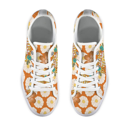 70's Mid Mod Groovy Hippie Boho Sneakers, Retro 70's Vibe Girl Power Women's Low Top Sneakers