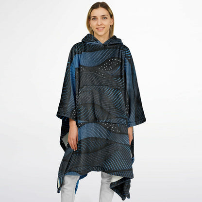 Flannel Blanket Poncho – Abstract Blue Wave Art, Modern Cozy Wrap with Flow & Depth