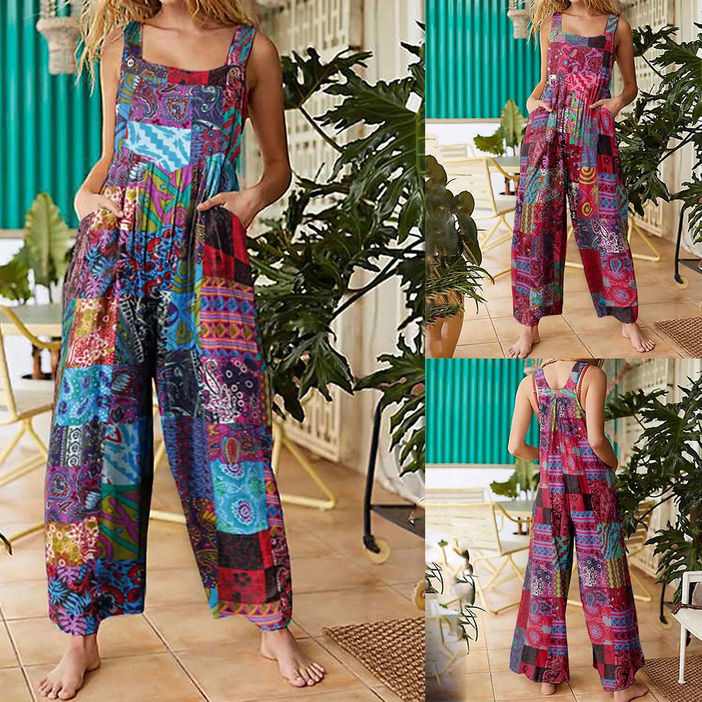 Women's Ethnic Style Patchwork Button Strap Jumpsuit