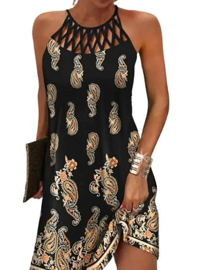 Womens Summer Halter Neck Hollow Out Sleeveless Dress Floral Print Beach Boho Short Mini Sundresses