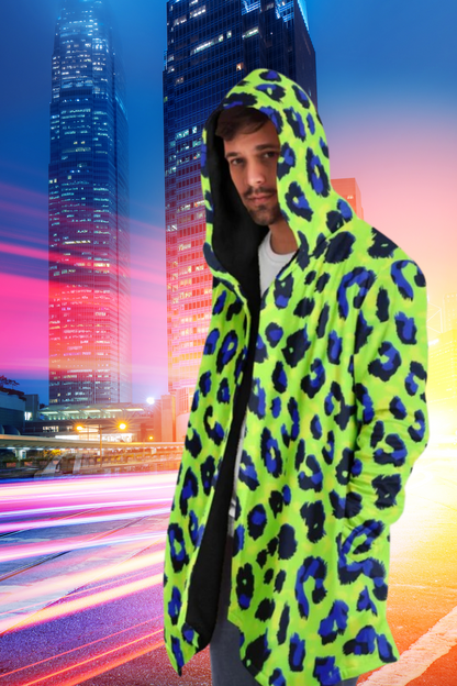 Boho Men Style Cloak – Neon Green Blue Abstract Animal Print Hooded Wrap