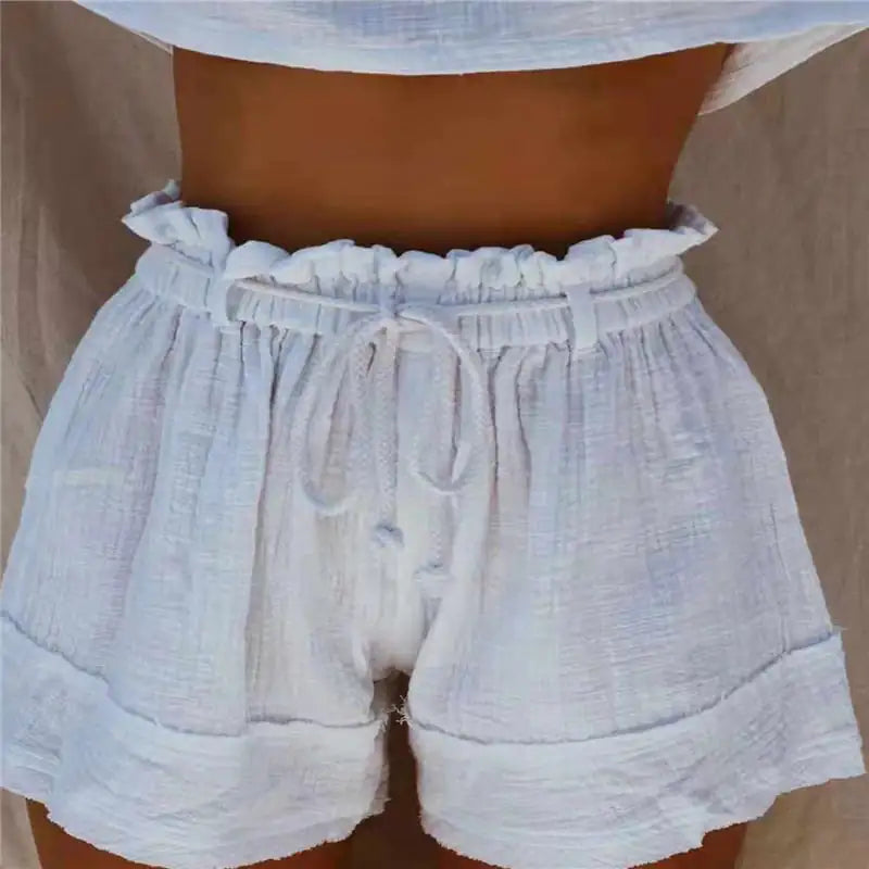 High Waist Cotton Linen Boho Shorts with Pleated Belt