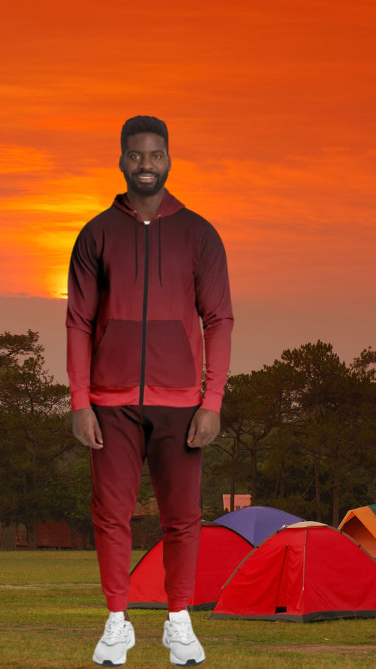 Black Red Ombre Hoodie Jogger Sweatsuit Set, Tie Dye Lounge Zip Hooded Sweatshirt Sweatpants Women Men Cotton Matching Plus Size Sweats