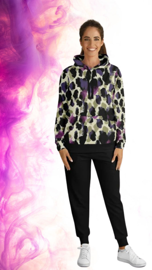 Athletic Hoodie & Jogger Set | Purple & Beige Leopard Print Streetwear