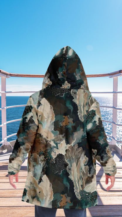 Warm Fall & Winter Hoodie Cloak | Teal Botanical & Abstract Coral Design