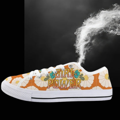 70's Mid Mod Groovy Hippie Boho Sneakers, Retro 70's Vibe Girl Power Women's Low Top Sneakers