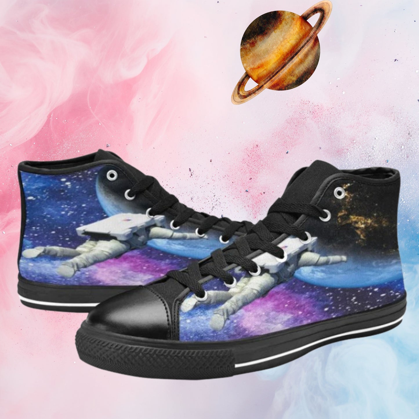 Mens Galaxy Shoes, High Tops Footwear Space Cadet Universe Canvas Sneakers Stars Astronomy Astronaut Nebula EDM Techno Epic Gift Ideas