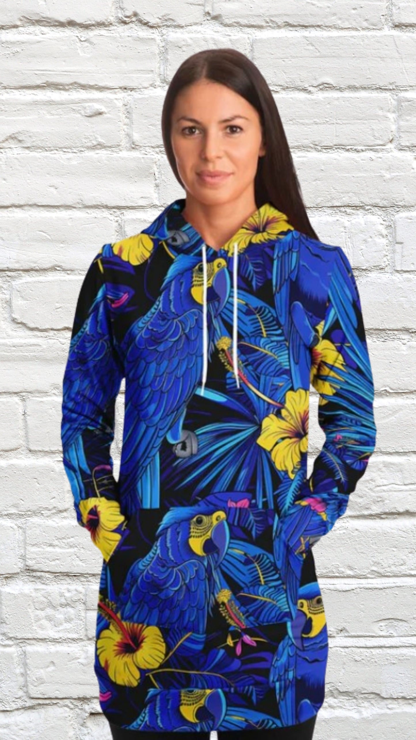 Fashion Longline Hoodie #colorful #vibrant #nature #macaws #foliage #exotic #floral #tropical #parrots #palm-leaves #wildlife #jungle #fashion #illustration #flowers #hibiscus
