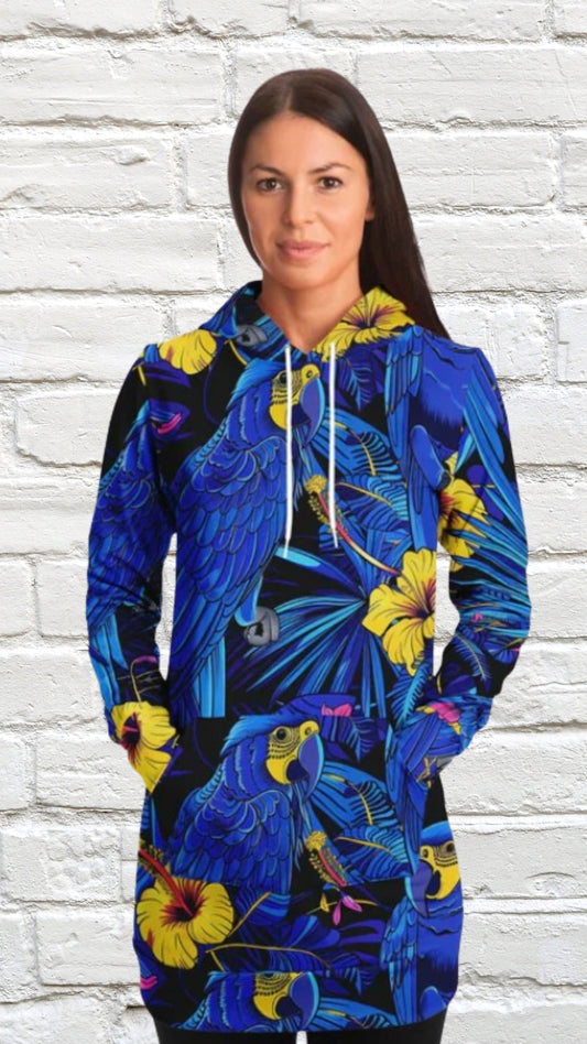 Fashion Longline Hoodie #colorful #vibrant #nature #macaws #foliage #exotic #floral #tropical #parrots #palm-leaves #wildlife #jungle #fashion #illustration #flowers #hibiscus