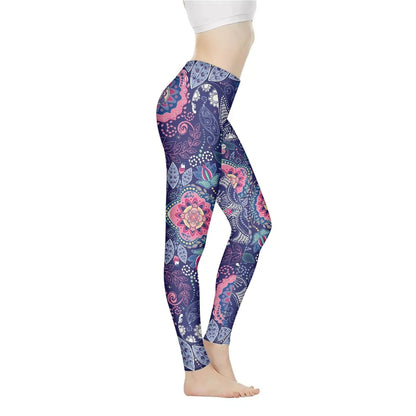Bulopur Purple Bohemian Leggings for High Waist Tummy Control Pink Flower Womens Yoga Pants Mandala Floral Female Soft Lounge Pants for Sports Running Gym