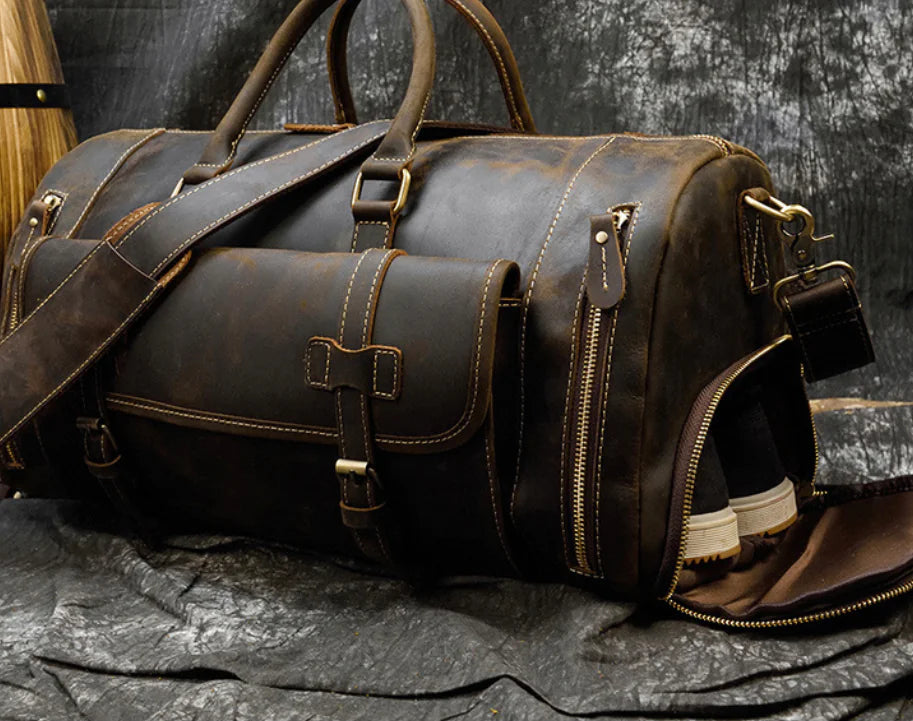 Retro Crazy Horse Leather Travel Bag for Men