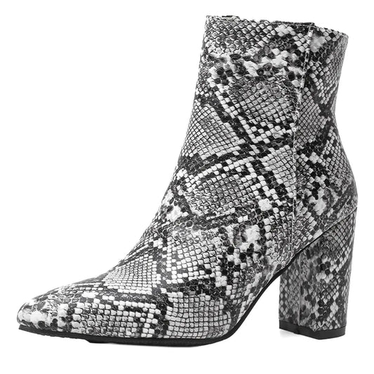Womens Snakeskin Chunky High Heels Booties Pointed Toe Block Heel Snake Print Side Zipper Ankle Boots
