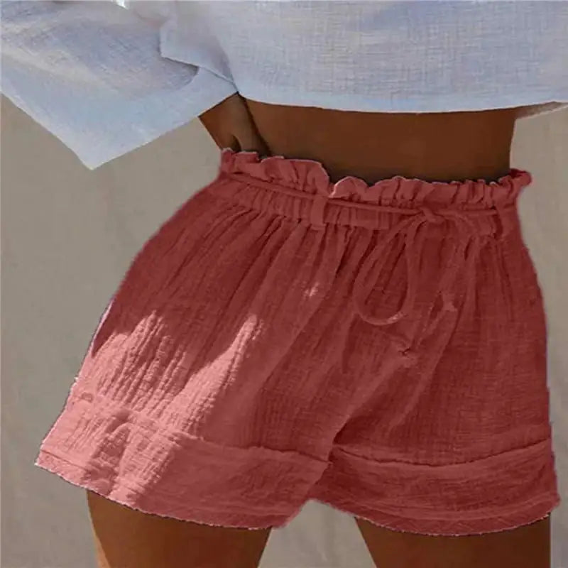 High Waist Cotton Linen Boho Shorts with Pleated Belt