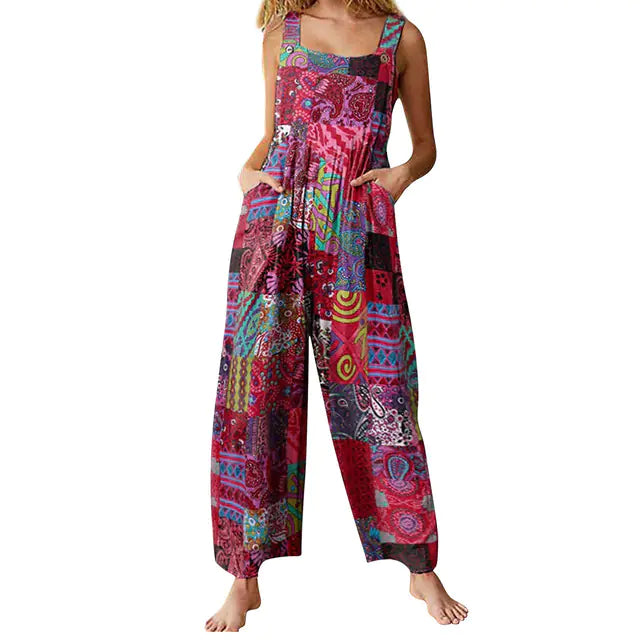 Women's Ethnic Style Patchwork Button Strap Jumpsuit