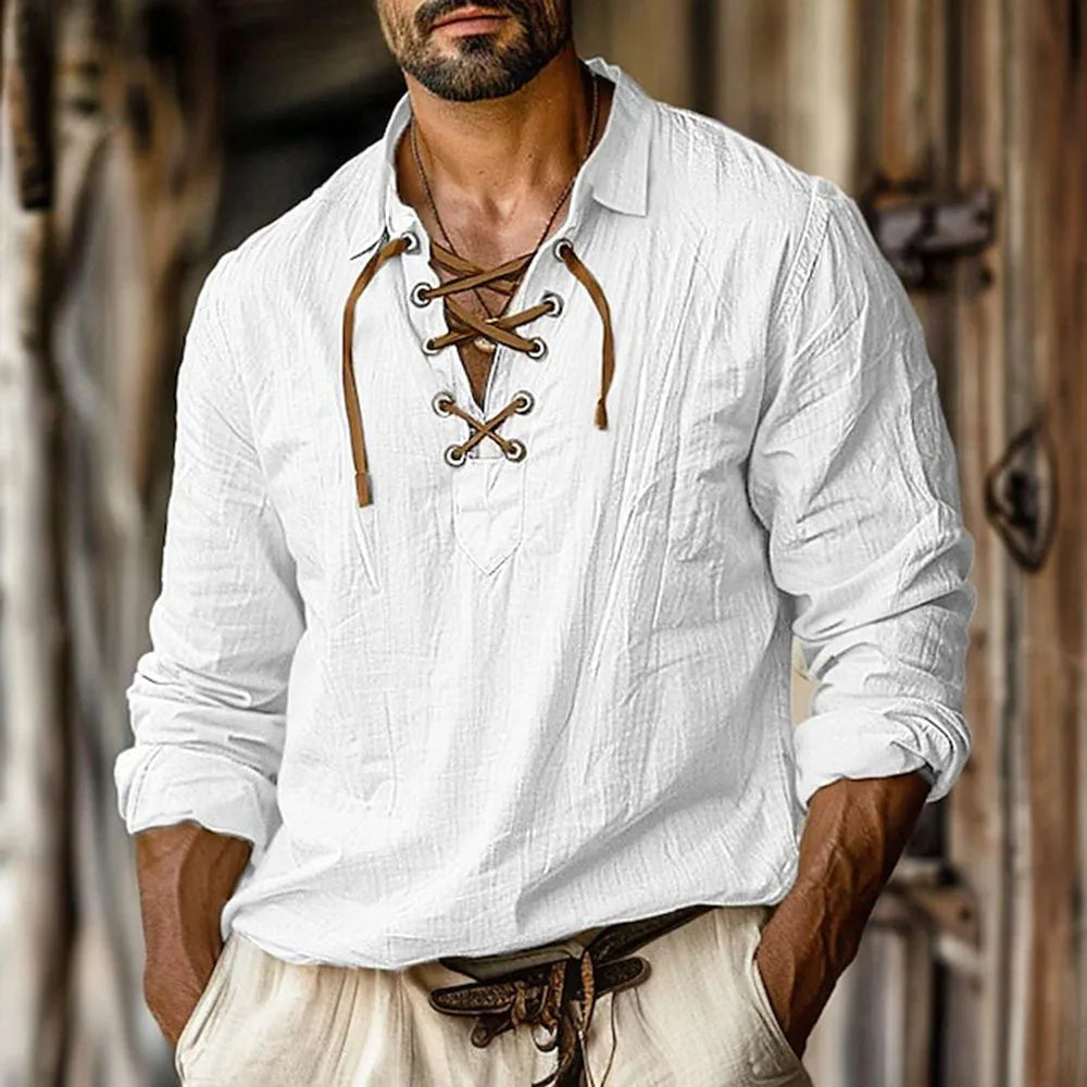 European and American Men's New Lapel Loose Shirt Men's Shirt Linen Shirt Viking Style Pirate Shirt Summer Beach Shirt