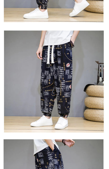 Chinese Style Pants Men Spring Summer Thin Breathable Cotton Linen Pants Men Harem Pants Printed Casual Pants Loose Pants
