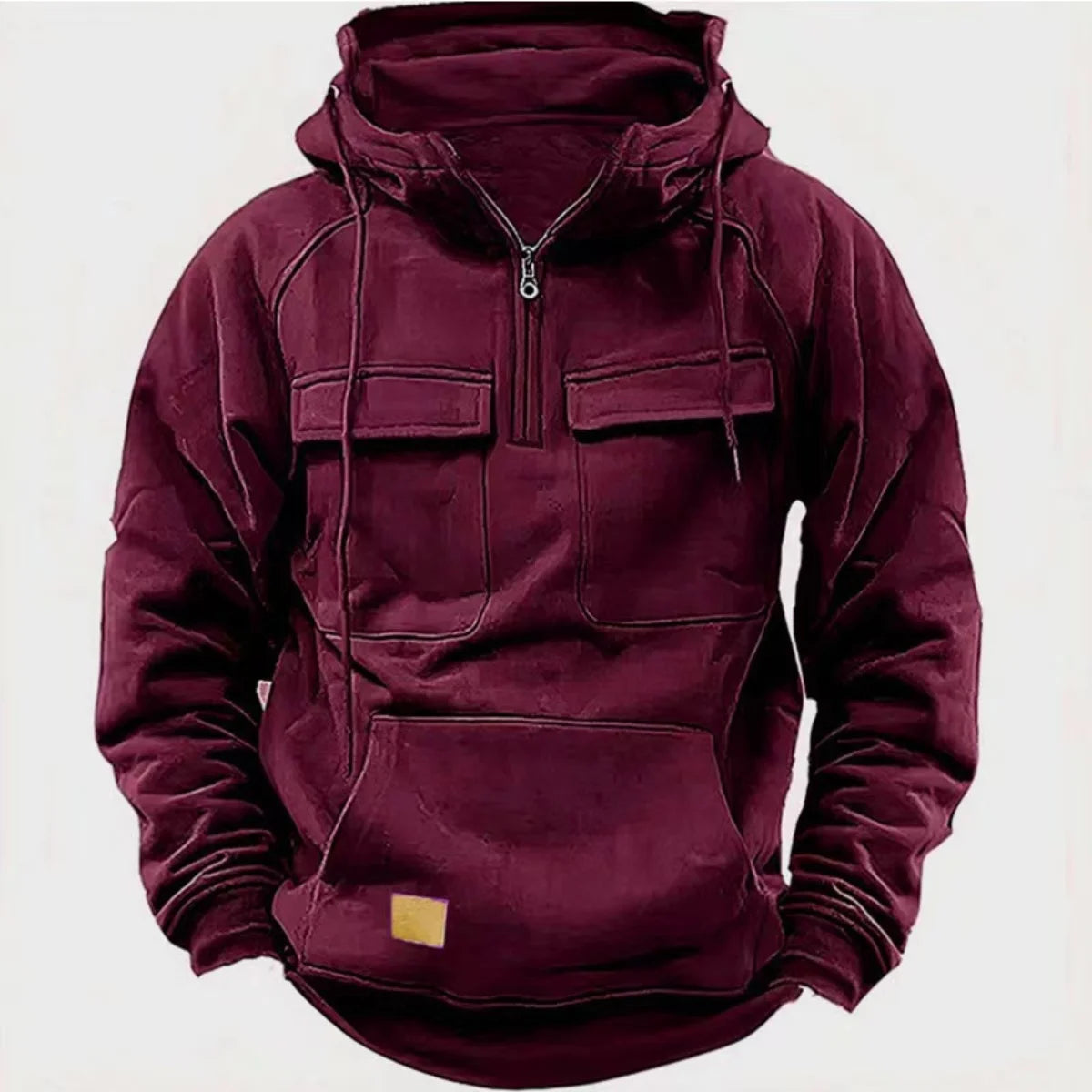 New men's hooded solid-color casual hoodie - fashionable young man's multi-pocket patch hoodie pullover shirt