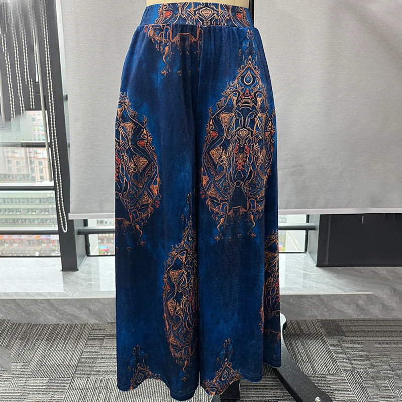 Women's Wide Leg Pants Retro Ethnic Print High Waist Velvet Trousers Fashion Causal Vintage Pantalon Femme Pocket Loose Bottoms