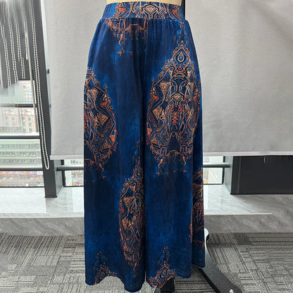 Women's Wide Leg Pants Retro Ethnic Print High Waist Velvet Trousers Fashion Causal Vintage Pantalon Femme Pocket Loose Bottoms