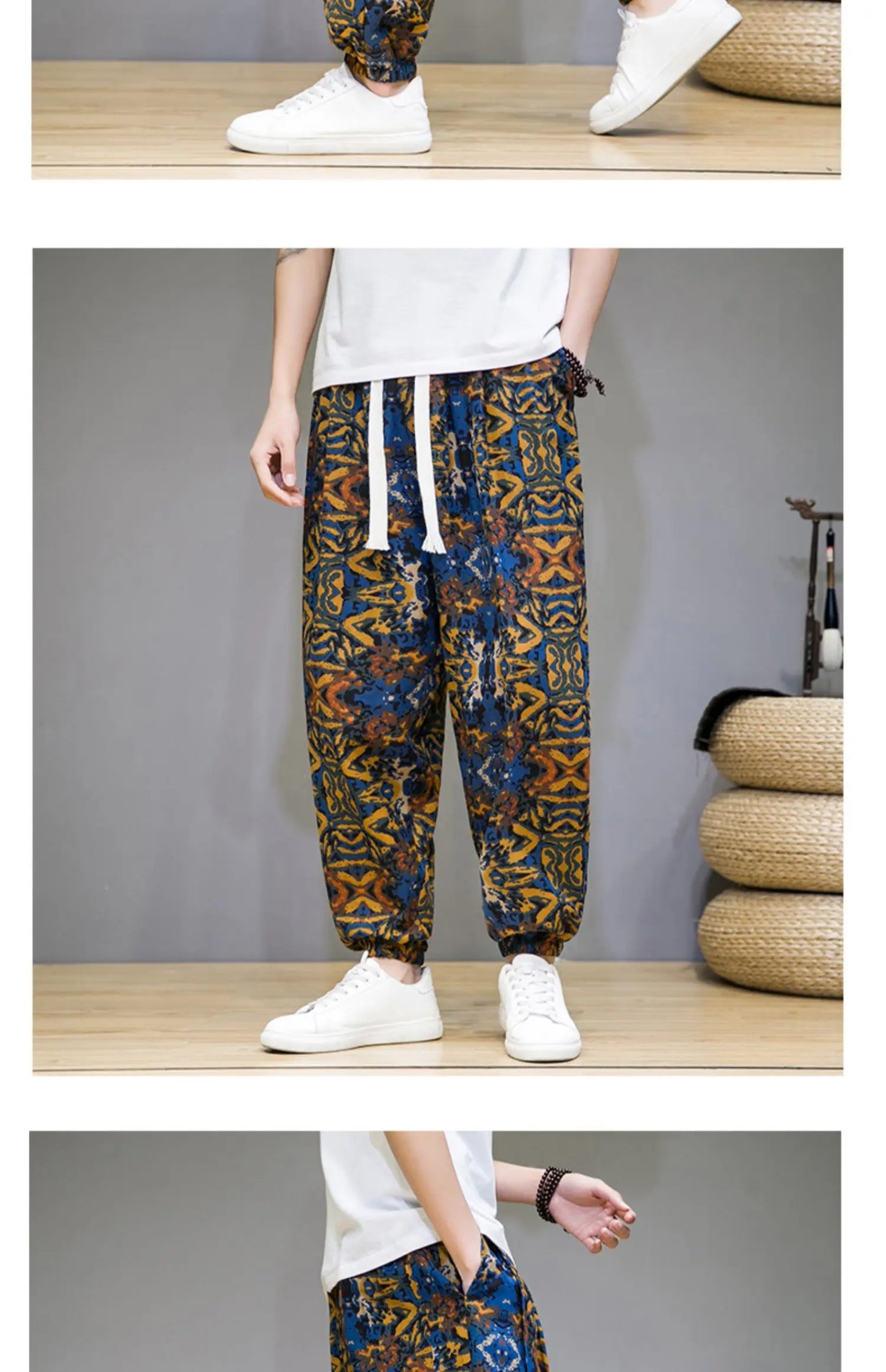 Chinese Style Pants Men Spring Summer Thin Breathable Cotton Linen Pants Men Harem Pants Printed Casual Pants Loose Pants