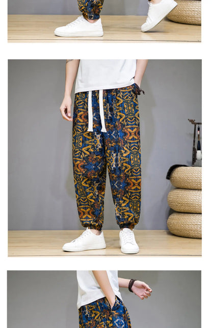 Chinese Style Pants Men Spring Summer Thin Breathable Cotton Linen Pants Men Harem Pants Printed Casual Pants Loose Pants