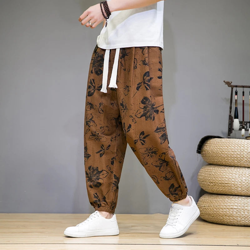 Chinese Style Pants Men Spring Summer Thin Breathable Cotton Linen Pants Men Harem Pants Printed Casual Pants Loose Pants