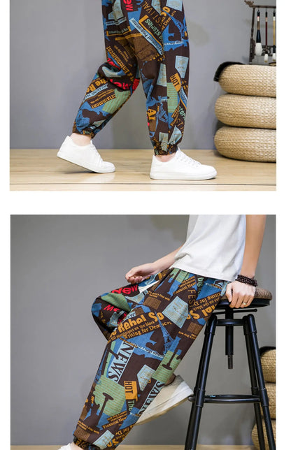 Chinese Style Pants Men Spring Summer Thin Breathable Cotton Linen Pants Men Harem Pants Printed Casual Pants Loose Pants