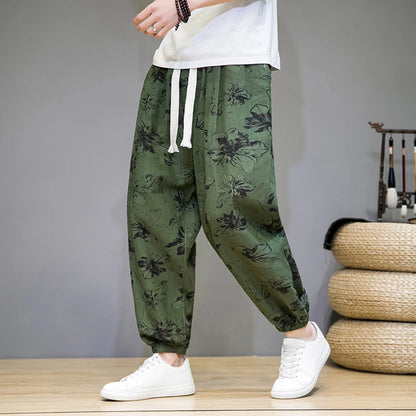 Chinese Style Pants Men Spring Summer Thin Breathable Cotton Linen Pants Men Harem Pants Printed Casual Pants Loose Pants