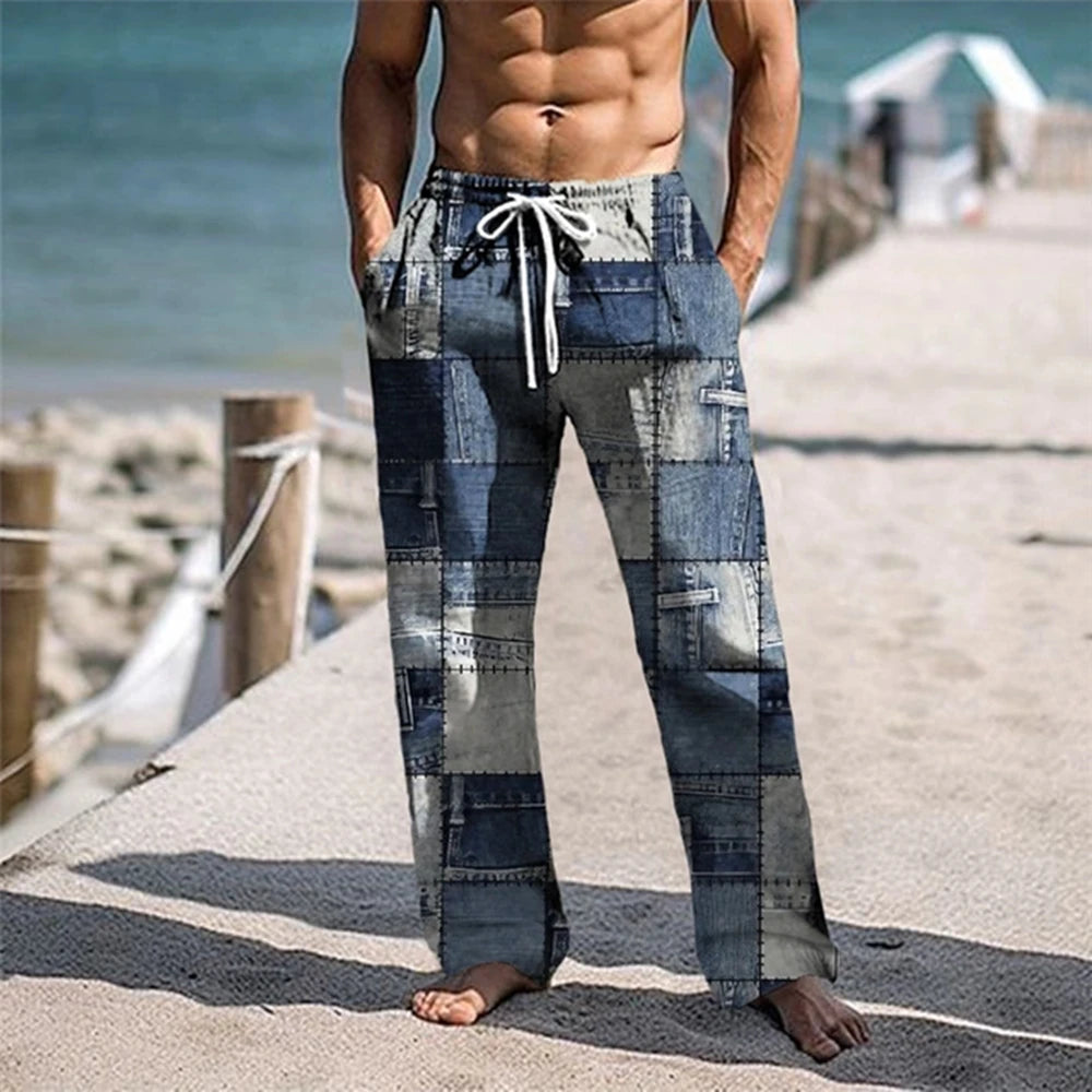 Men's Trousers Summer Pants Beach Pants Drawstring Elastic Waist 3D Print Color Block Geometric Graphic Prints Casual Pants