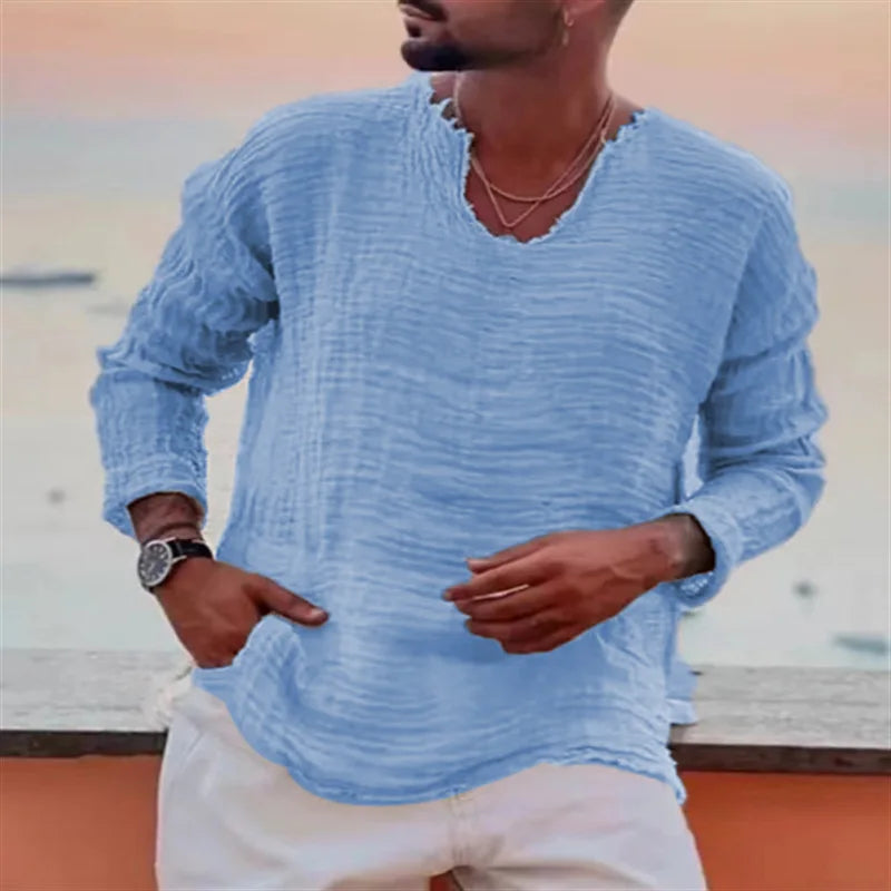 Spring and Summer Men's Viking Style Summer Shirts for Beach Wear Casual Shirts Pure Fake Cup-shaped Long Sleeved V-neck Tops