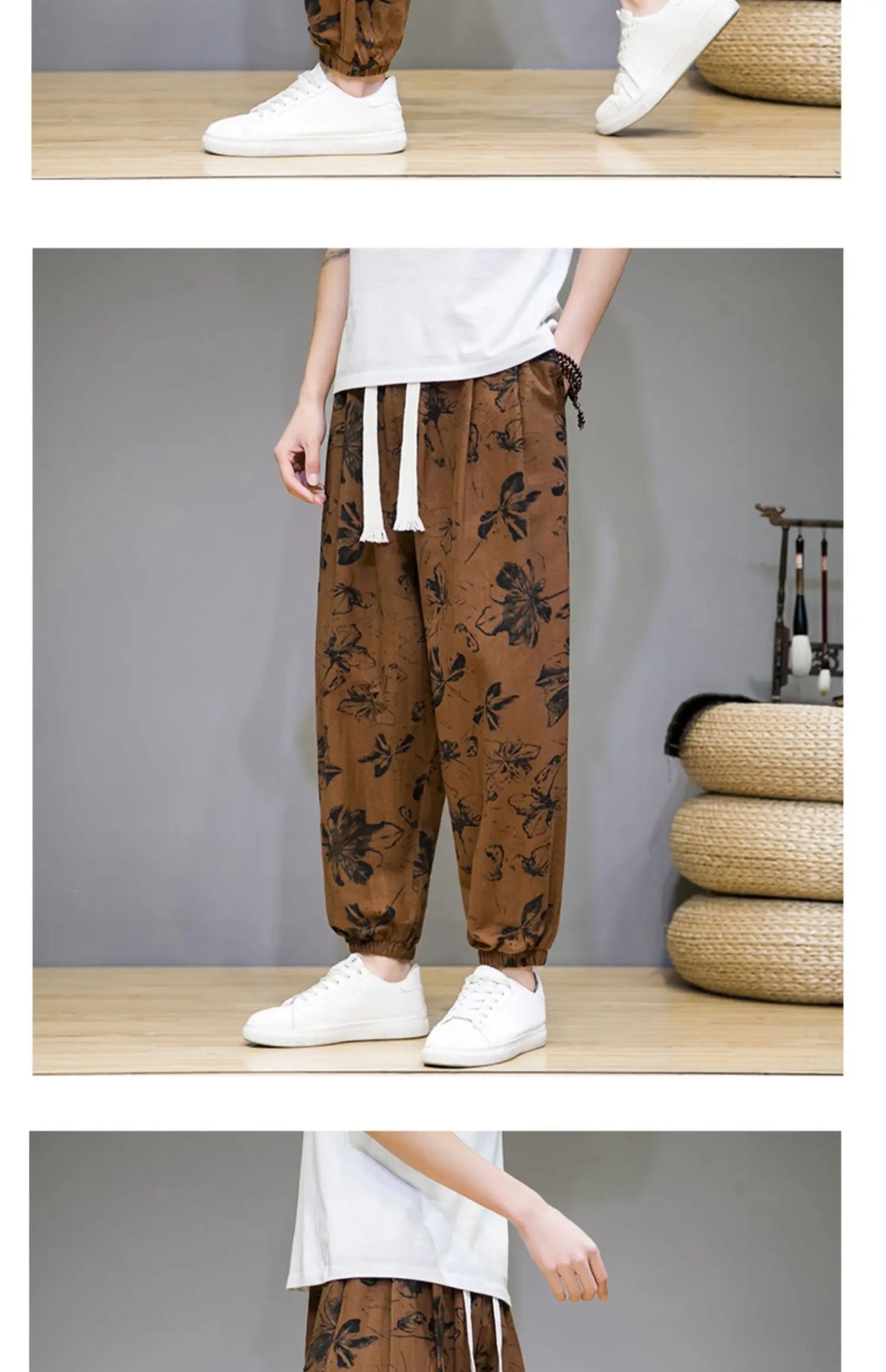 Chinese Style Pants Men Spring Summer Thin Breathable Cotton Linen Pants Men Harem Pants Printed Casual Pants Loose Pants