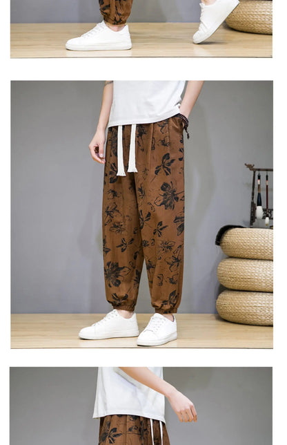 Chinese Style Pants Men Spring Summer Thin Breathable Cotton Linen Pants Men Harem Pants Printed Casual Pants Loose Pants