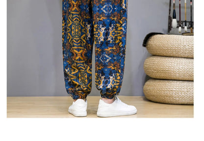 Chinese Style Pants Men Spring Summer Thin Breathable Cotton Linen Pants Men Harem Pants Printed Casual Pants Loose Pants