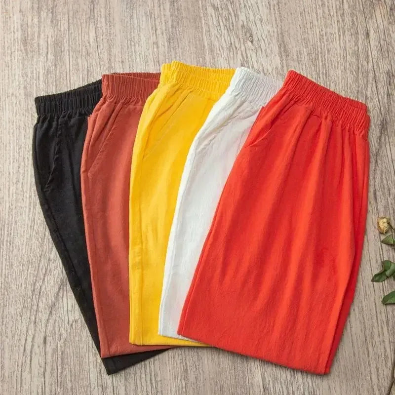 Women Casual Loose Harem Elastic Waist Cotton Linen Pants Ninth Trousers