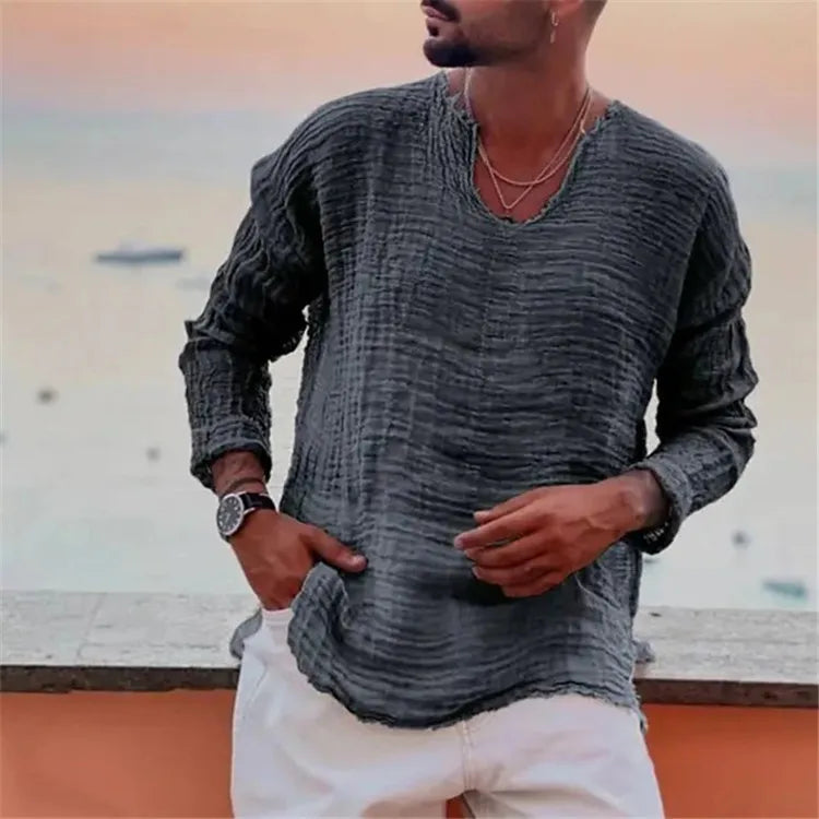 Spring and Summer Men's Viking Style Summer Shirts for Beach Wear Casual Shirts Pure Fake Cup-shaped Long Sleeved V-neck Tops
