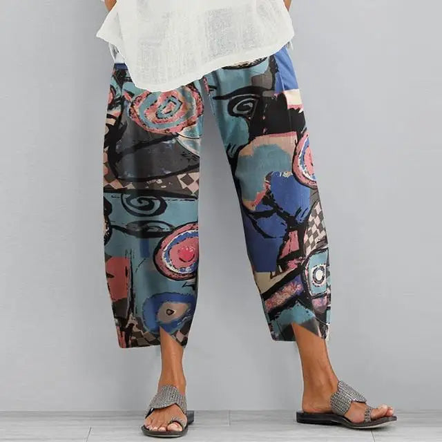 Women's Harem Pants Vintage Cotton Linen Elastic Waist Wide Leg Trousers Female Casual Solid Pockets Loose Cropped Pants