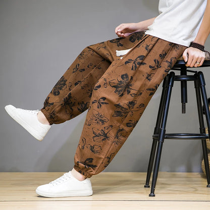 Chinese Style Pants Men Spring Summer Thin Breathable Cotton Linen Pants Men Harem Pants Printed Casual Pants Loose Pants