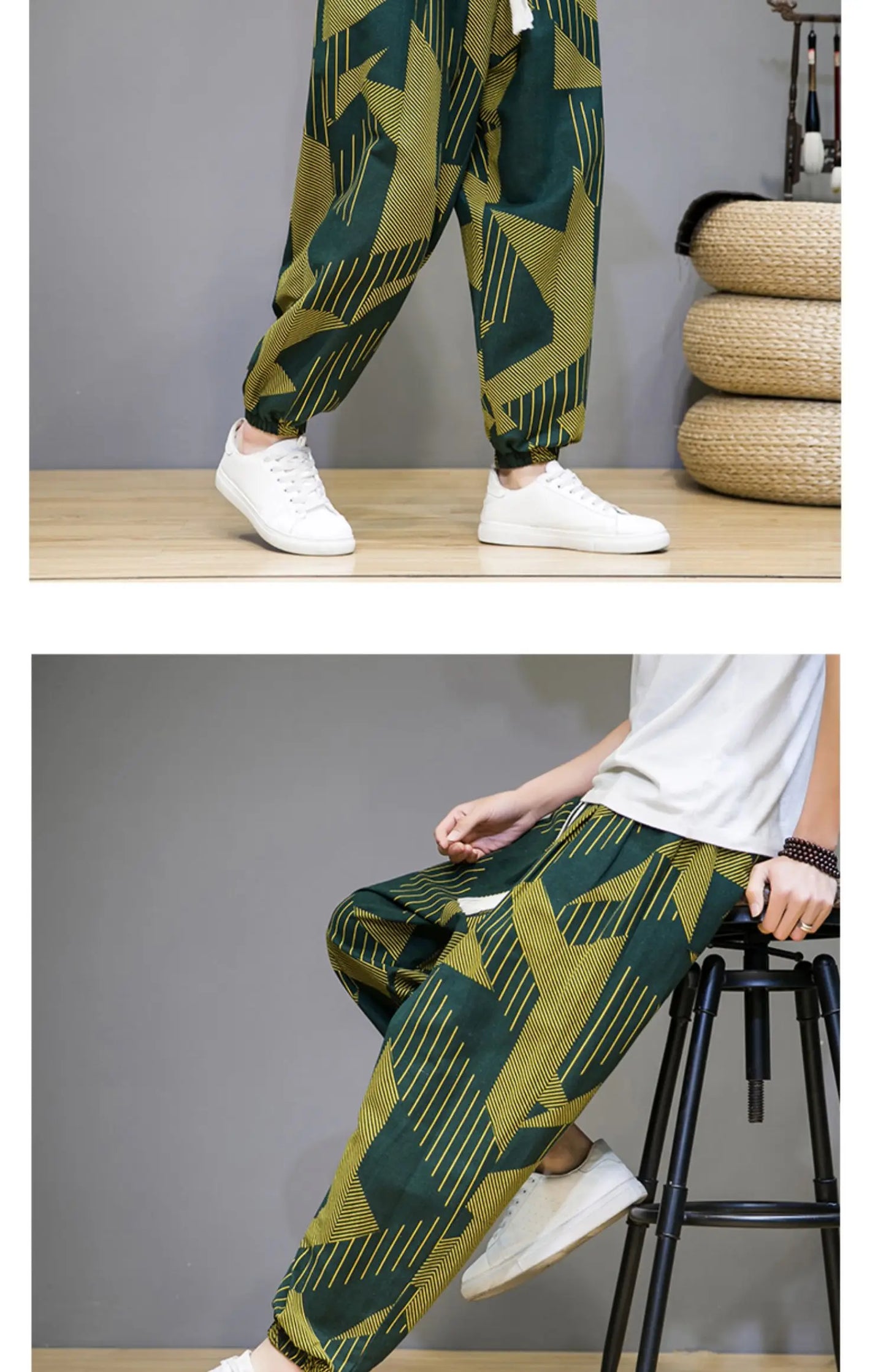Chinese Style Pants Men Spring Summer Thin Breathable Cotton Linen Pants Men Harem Pants Printed Casual Pants Loose Pants