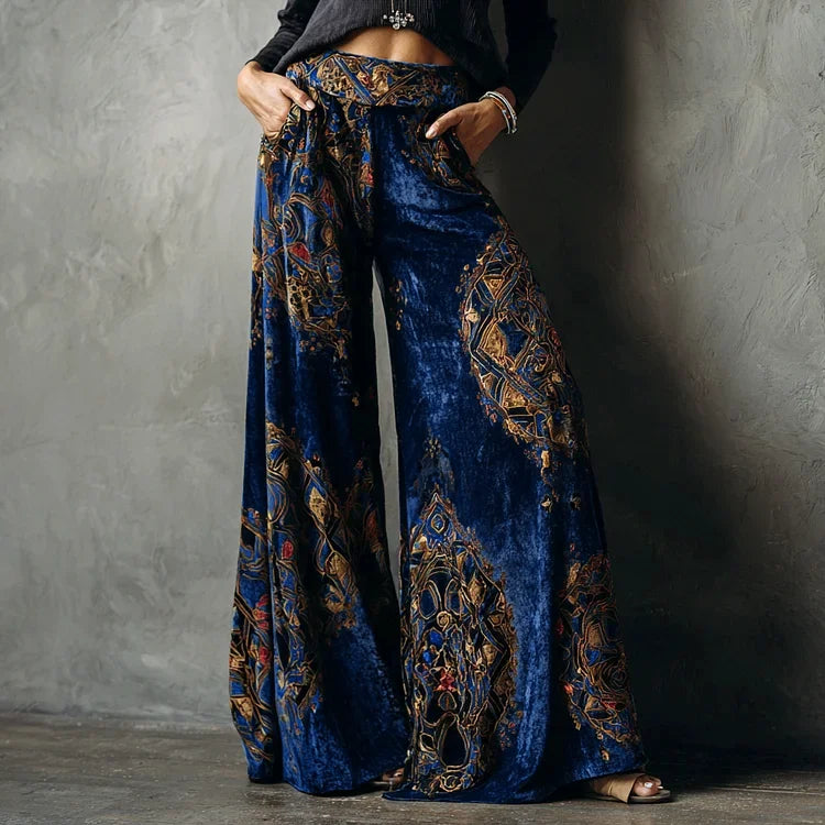 Women's Wide Leg Pants Retro Ethnic Print High Waist Velvet Trousers Fashion Causal Vintage Pantalon Femme Pocket Loose Bottoms